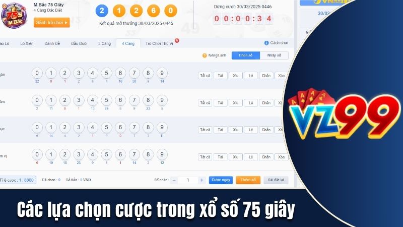 Các lựa chọn cược trong xổ số 75 giây