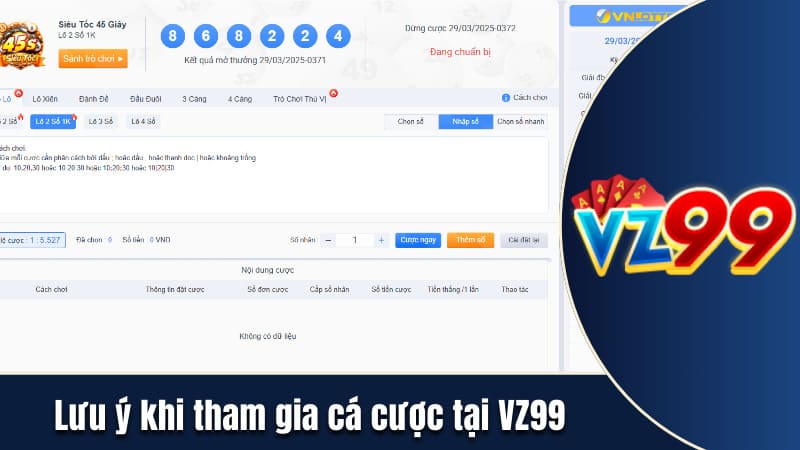 Lưu ý cần biết khi tham gia cá cược tại VZ99
