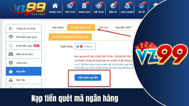 Nạp tiền VZ99 qua ngân hàng nhanh chóng