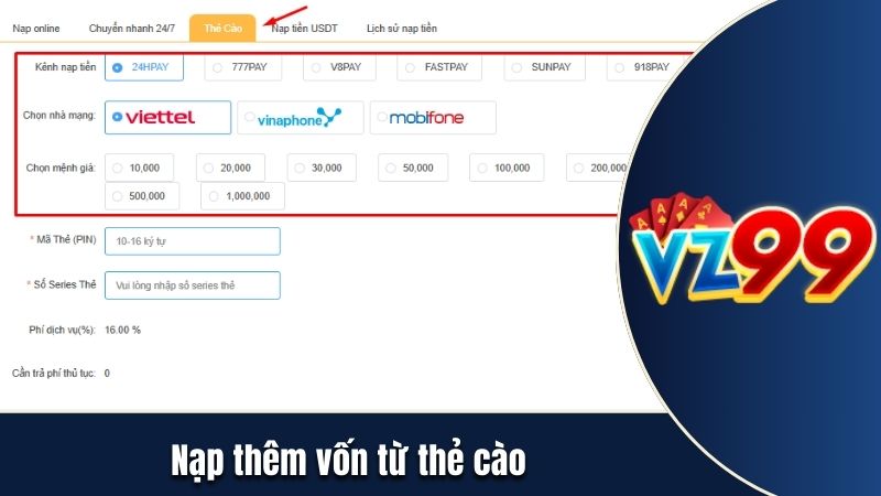 Thao tác chuyển tiền vào quỹ cá cược từ thẻ cào điện thoại